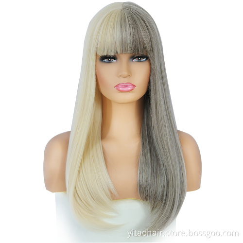 Wholesale Golden and Gray Wig With Bangs Long Straight Synthetic Women's Hair Two-Color Half-Gray Half-Gold Wig Cosplay Party